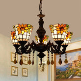 Lámpara de araña Tiffany con vidrieras y diseño de girasol, luz colgante de 5 luces